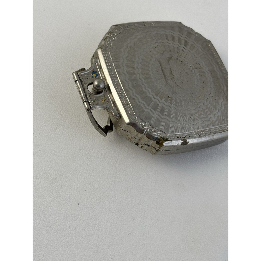 Evans 1920’s Art Deco Silver Metal Mirror Compact Guilloche Enamel With Stand - Picture 4 of 11
